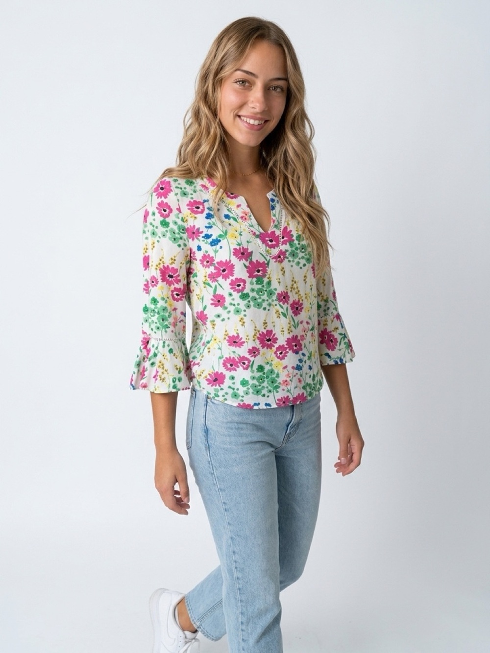 Crown & Ivy Petite Floral Bell Sleeve Blouse V-Neck Multicolor PS - Picture 8 of 8